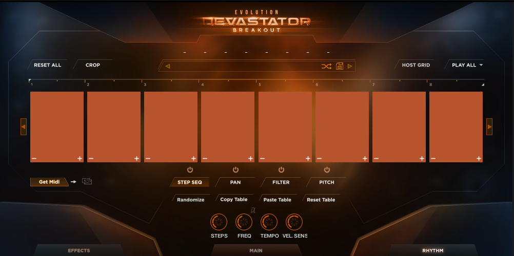 Devastator Breakout Pro interface, effects page